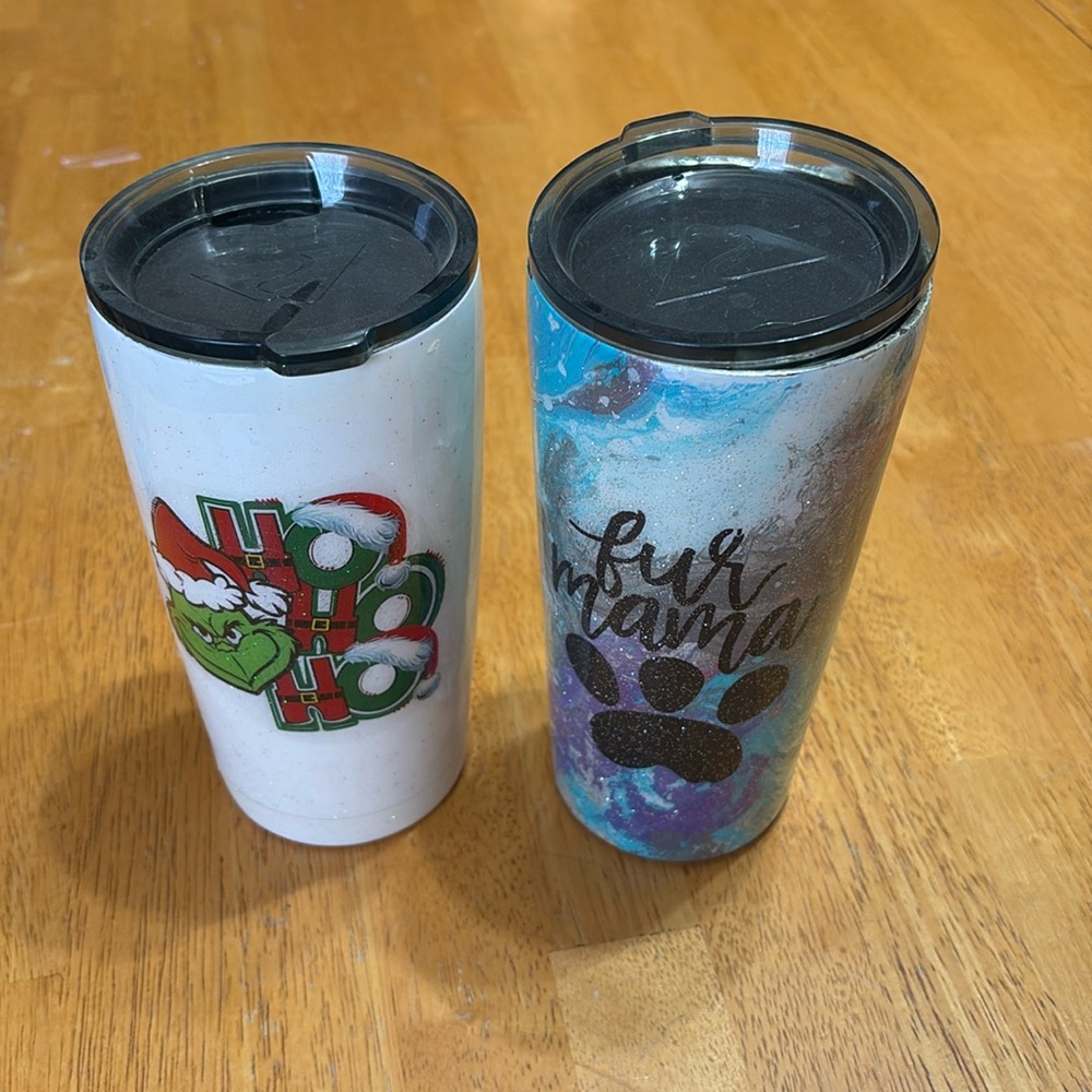 4 20 ounce homemade tumblers 2 Halloween design one Christmas one says for mama